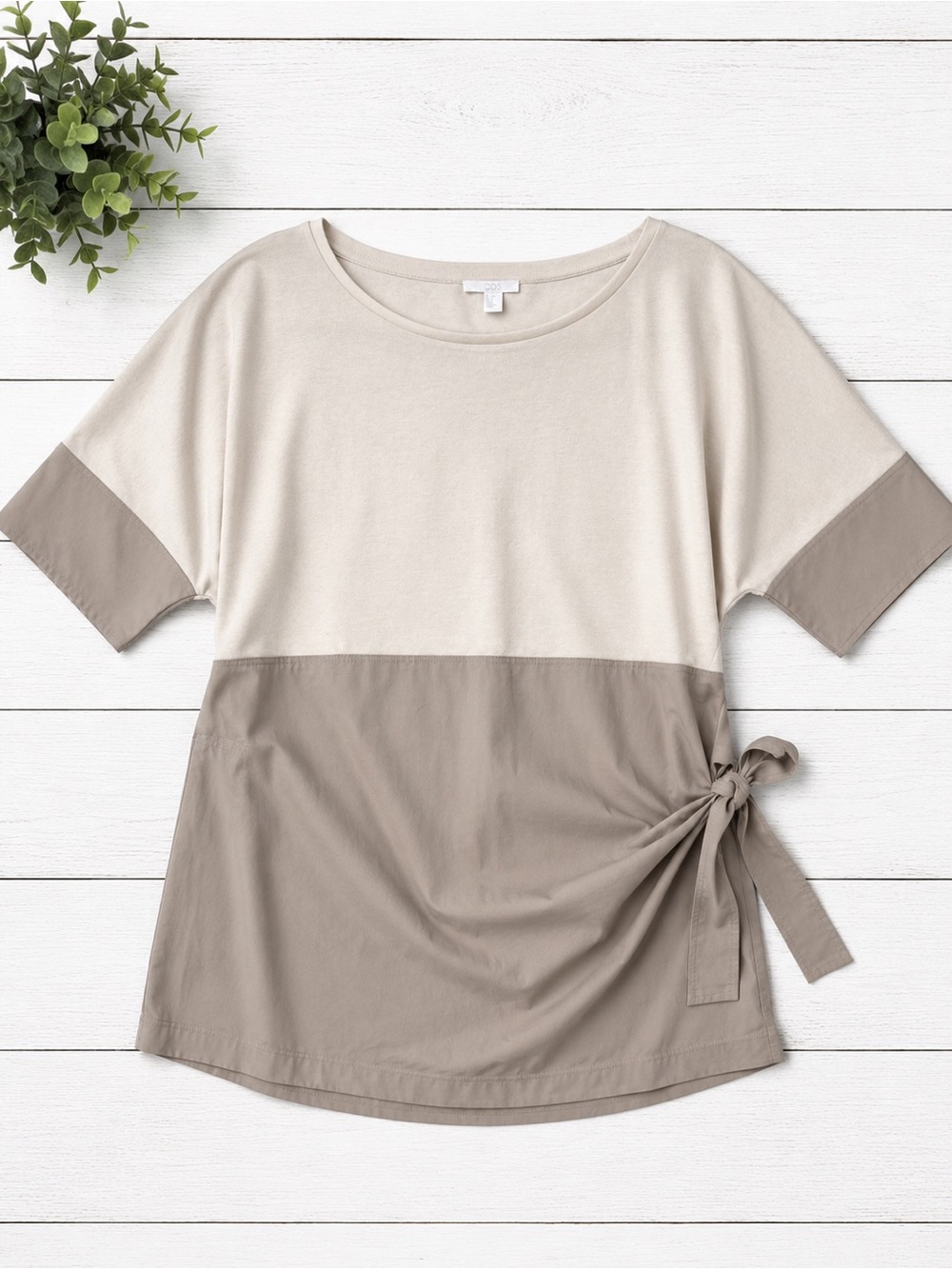COS COLORBLOCK CONTRAST KHAKI NEUTRAL TIE WAIST TUNIC TOP SIZE MEDIUM